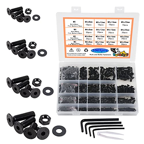 huruirui M2 M3 M4 M5 Muttern und Schrauben Unterlegscheiben Sortiertes Set, 1065Stück Schwarze Linsenkopfschrauben Innensechskantschrauben Kit, Gewindemaschine Sechskantschrauben Verschluss Kit von huruirui