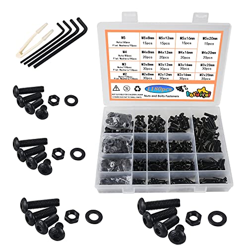 huruirui M2 M3 M4 M5 Muttern und Schrauben Unterlegscheiben Sortiertes Set, 1180 Stück Schwarze Linsenkopfschrauben Innensechskantschrauben Kit, Gewindemaschine Sechskantschrauben Verschluss Kit von huruirui