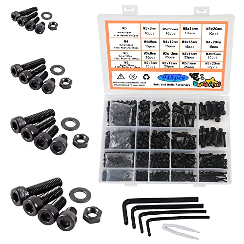 huruirui M2 M3 M4 M5 Muttern und Schrauben Unterlegscheiben Sortiertes Set, Schwarze Linsenkopfschrauben Innensechskantschrauben Kit, Gewindemaschine Sechskantschrauben Verschluss Kit 945Stück von huruirui
