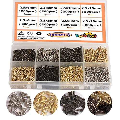 huruirui M2.5 Kleine Schrauben set,1600Stück Holzschrauben Selbstschneidende Schrauben 6mm 8mm 10mm Flachkopf Kreuzkopf Blechschrauben Set Teile für die Gerätereparatur Golden Silberne Schwarz von huruirui