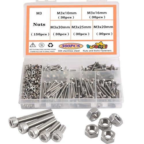 huruirui M3 Schrauben Set 304 Edelstahl Schrauben und Muttern Set - Rostfrei Maschinenschrauben Sortiment Kit Zylinderschrauben Innensechskant Schraubens Für 3D modell Projekt 300pcs von huruirui