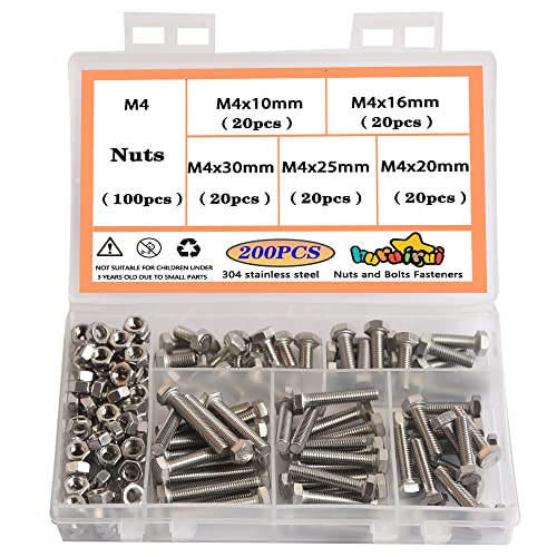 huruirui M4 Schrauben Set 304 Edelstahl Schrauben und Muttern Set - Rostfrei Maschinenschrauben Sortiment Kit Zylinderschrauben Hex Bolzen Für 3D Modell Projekt 200pcs von huruirui