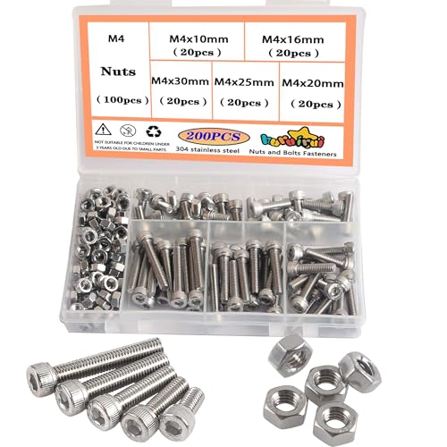 huruirui M4 Schrauben Set 304 Edelstahl Schrauben und Muttern Set - Rostfrei Maschinenschrauben Sortiment Kit Zylinderschrauben Innensechskant Schraubens Für 3D Modell Projekt 200pcs von huruirui