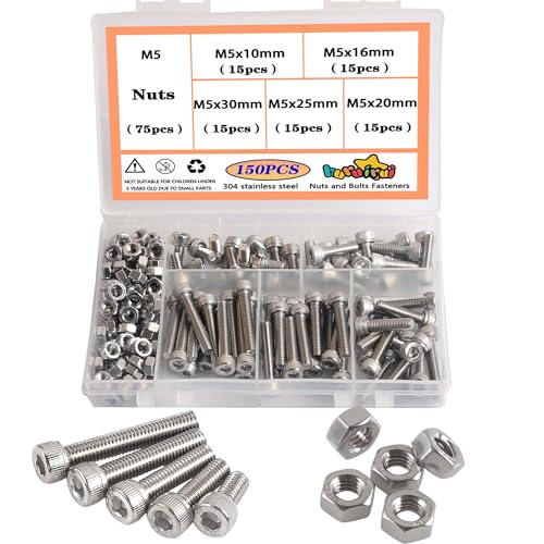 huruirui M5 Schrauben Set 304 Edelstahl Schrauben und Muttern Set - Rostfrei Maschinenschrauben Sortiment Kit Zylinderschrauben Innensechskant Schraubens Für 3D Modell Projekt 150pcs von huruirui