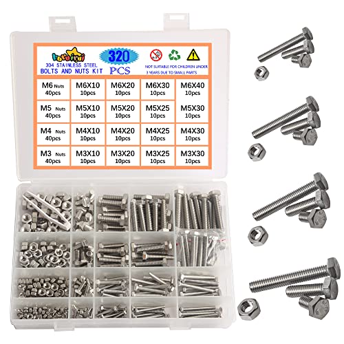 huruirui Schrauben Muttern Set, M3 M4 M5 M6 Bolzen, 304 Edelstahl Sechskantschrauben Muttern und Schrauben Kit Hexagon Edelstahl Maschinenschrauben mit Aufbewahrungsbox 320PCS von huruirui