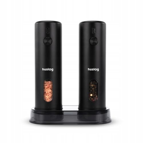 Huslog Elektrische Salz- und Pfeffermühle 2er Set – USB-C wiederaufladbar mit LED, Ständer & Reinigungsbürste – Gewürzmühle für Salz, Pfeffer, Chili, Kräuter (110 ml) von huslog