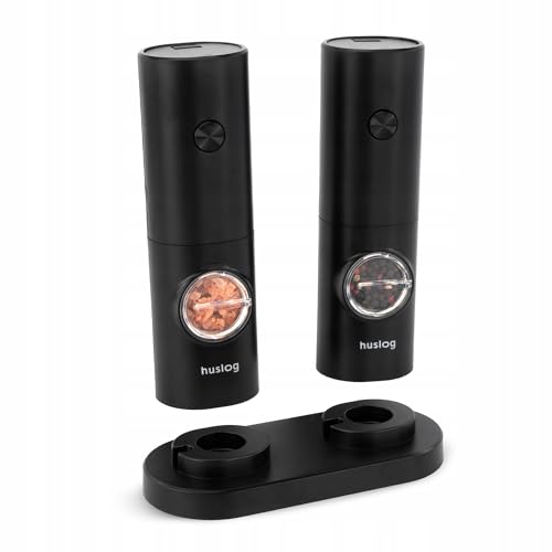 Huslog Elektrische Salz und Pfeffermühlen 2er Set, Ständer und einstellbarem, Batteriebetrieben, Schwarz von huslog