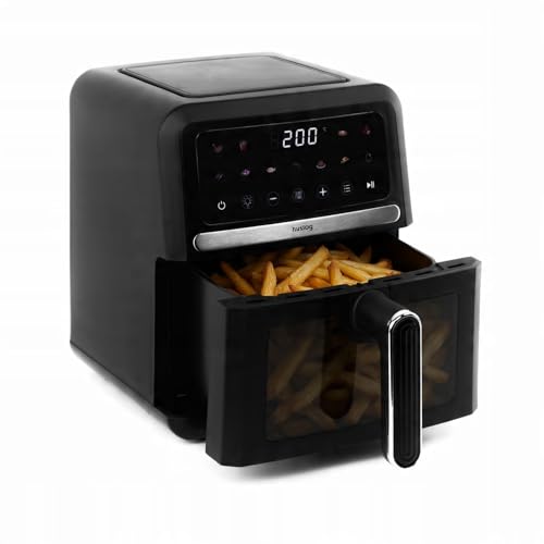 huslog Heißluftfritteuse 5L Airfryer XL – 1500 W – Sichtfenster & Innenbeleuchtung – Touchscreen mit 10 Programmen, Timer, Shake-Reminder – Temperatur 40-200 °C – Fritteuse ohne Öl inkl. Korb & Rost von huslog