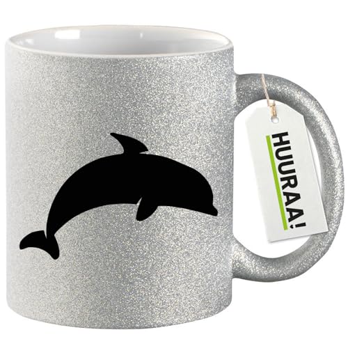 Huuraa Glitzer Tasse Delfin Silhouette Geschenk 330ml Silber Delfin Präsent von Huuraa
