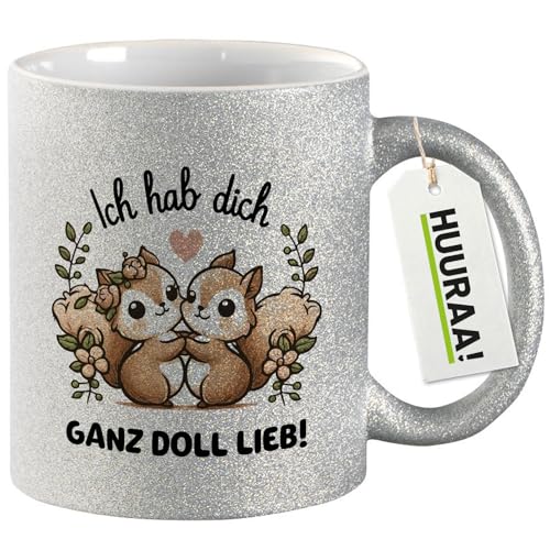 Huuraa Glitzer Tasse Ich hab dich ganz doll lieb Einchhörnchen Geschenk 330ml Silber Ich hab dich ganz doll lieb Präsent von Huuraa