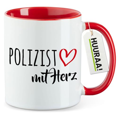 Huuraa Teetasse Polizist mit Herz Geschenk 330ml Rot Polizist Präsent von Huuraa