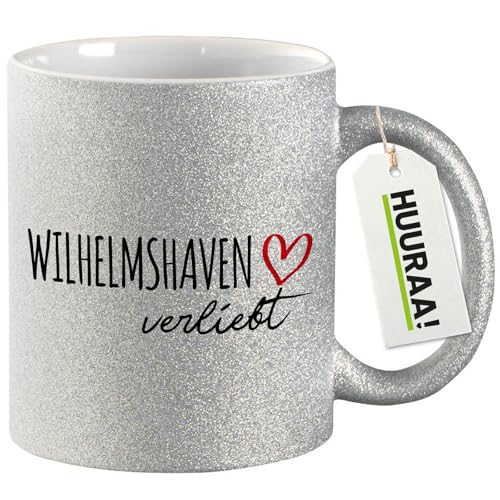 Huuraa Glitzer Tasse Wilhelmshaven verliebt Geschenk 330ml Silber Wilhelmshaven Präsent von Huuraa