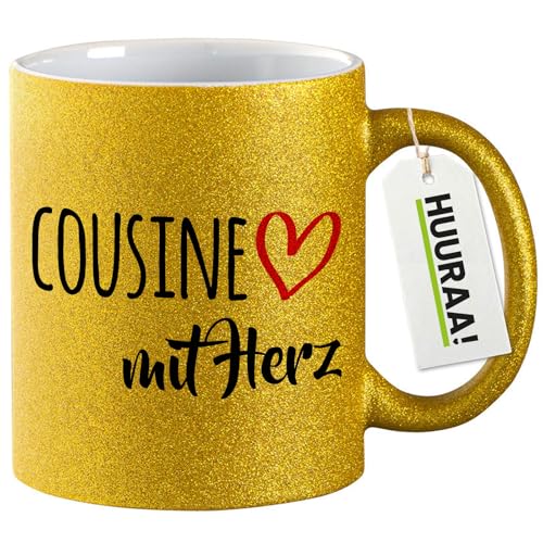 Huuraa Glitzer Kaffeetasse Cousine mit Herz Geschenk 330ml Gold Cousine Geschenkidee von Huuraa