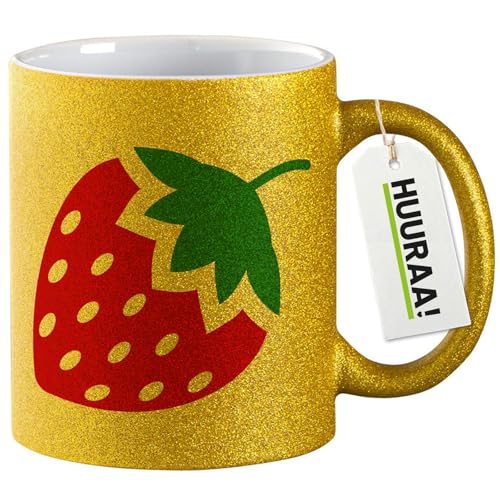 Huuraa Glitzer Kaffeetasse Erdbeere Strawberry Geschenk 330ml Gold Erdbeere Geschenkidee von Huuraa