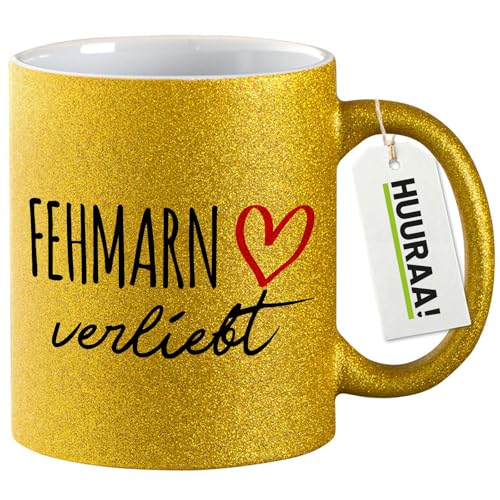 Huuraa Glitzer Kaffeetasse Fehmarn verliebt Geschenk 330ml Gold Fehmarn Geschenkidee von Huuraa