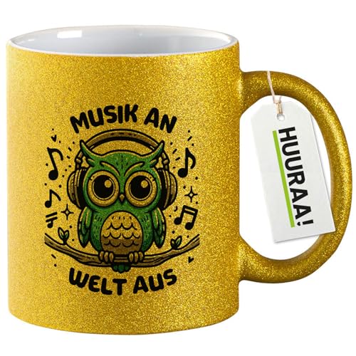 Huuraa Glitzer Kaffeetasse Musik an Welt aus Eule Geschenk 330ml Gold Musik an Welt aus Geschenkidee von Huuraa
