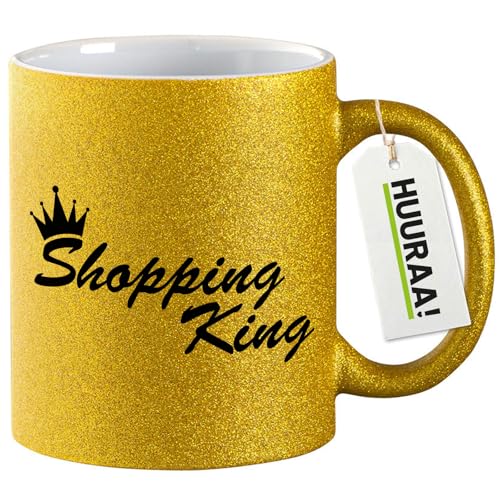 Huuraa Glitzer Kaffeetasse Shopping King Krone Geschenk 330ml Gold Shopping King Geschenkidee von Huuraa