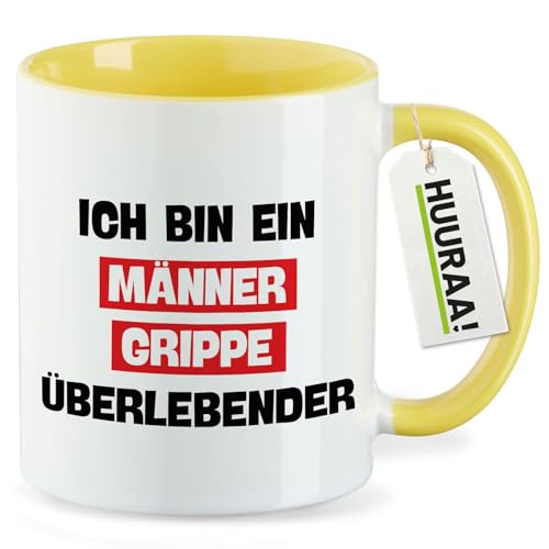 Huuraa Keramiktasse Ich bin ein Männergrippe überlebender Geschenk 330ml Gelb Ich bin ein Männergrippe Überraschung von Huuraa