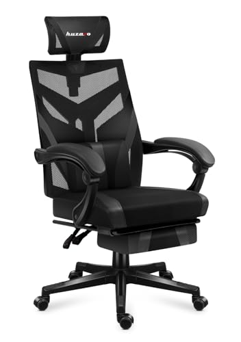 huzaro Combat 5.0 Black | Gaming Stuhl Ergonomischer PC-Stuhl Computerstuhl Bürostuhl | Fußstütze | Lendenkissen | Verstellbare Kopfstütze | bis 140 kg belastbar | 90-140° Neigungswinkel | Schwarz von huzaro
