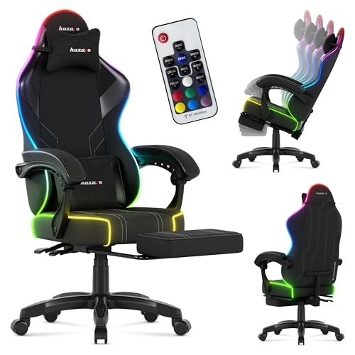 huzaro Force 3.7 Gaming Stuhl LED ergonomisch mit Fußstütze, höhenverstellbarer Computerstuhl & Bürostuhl, Schreibtischstuhl mit Lendenstütze, Nackenkissen und Armlehnen, Schwarz RGB von huzaro