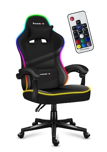 huzaro Force 4.4 RGB Black | LED Beleuchtung Gaming Stuhl Bürostuhl Schreibtischstuhl Ergonomischer Kunstleder Stoff | Kopfstütze Lendenkissen Höhenverstellbar Wippfunktion 130 kg belastbar | Schwarz von huzaro