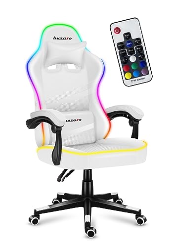 huzaro Force 4.4 RGB White | LED Beleuchtung Gaming Stuhl Bürostuhl Schreibtischstuhl Ergonomischer Kunstleder Stoff | Kopfstütze Lendenkissen Höhenverstellbar Wippfunktion 130 kg belastbar | Weiß von huzaro