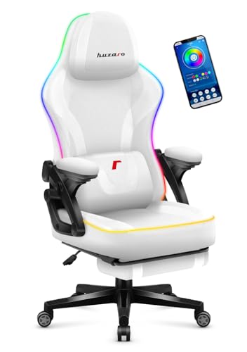 huzaro Force 4.6 RGB White Mesh | LED Gaming Stuhl PC-Stuhl Ergonomisch Bürostuhl | Musik Sync | Fußstütze | Wippfunktion | Verstellbare Kopfstütze Rückenlehne | 130 kg belastbar | Stoff | Weiß von huzaro