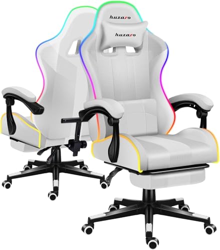 huzaro Force 4.7 Gaming Stuhl Bürostuhl Schreibtischstuhl Gamer Sessel bis 140 kg belastbar Duale Neigung Armlehnen Nackenkissen Lendenkissen Fußstütze RGB Mesh Weiß von huzaro