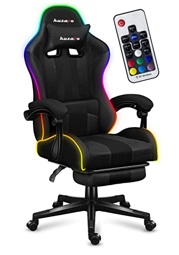 huzaro Force 4.7 RGB Mesh | LED Beleuchtung Gaming Stuhl Bürostuhl Computerstuhl | 90-140° Neigungswinkel Kopfstütze Lendenkissen Höhenverstellbar Fußstütze | 140 kg belastbar | Stoff | Schwarz von huzaro