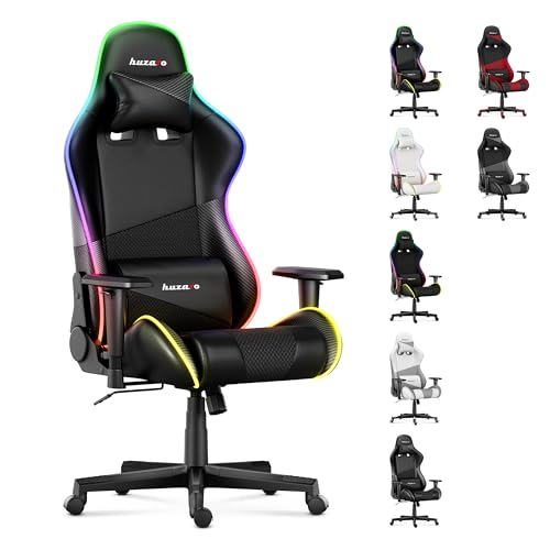 huzaro Force 6.2 Black RGB | LED Beleuchtung Gaming Stuhl Bürostuhl Schreibtischstuhl Eco-Leder Stoff Carbon | bis 130 kg belastbar | Höhenverstellbar Kopfstütze Lendenstütze Ergonomischer | Schwarz von huzaro