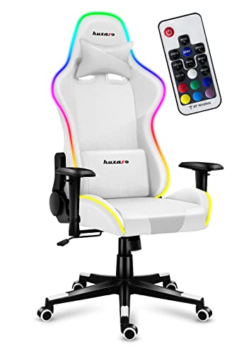 huzaro Force 6.2 White RGB | LED Beleuchtung Gaming Stuhl Bürostuhl Schreibtischstuhl Eco-Leder Stoff Carbon | bis 130 kg belastbar | Höhenverstellbar Kopfstütze Lendenstütze Ergonomischer | Weiß von huzaro