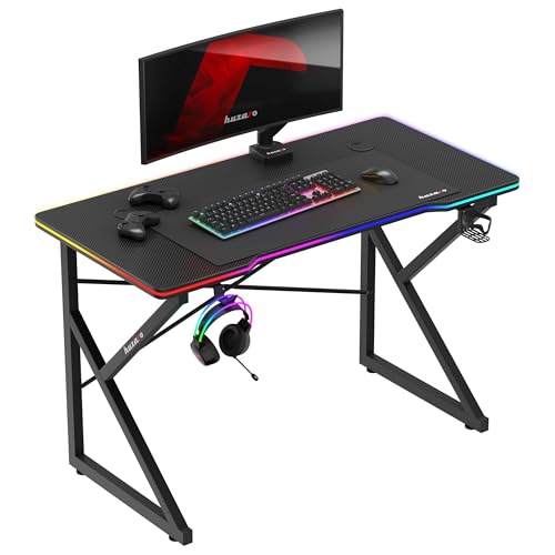 huzaro Hero 1.7 RGB Black | Gaming Schreibtisch mit LED Beleuchtung Computertisch | 120x60cm | Kopfhörerhaken Getränkehalter | Kohlefaseroberfläche | Kabeldurchführung | Metallkonstruktion | Schwarz von huzaro