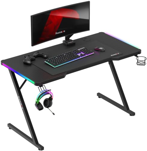 huzaro Hero 2.5 | RGB-Beleuchtung LED PC Tisch Gaming Schreibtisch Computertisch | Getränkehalter Kopfhörerhalter | USB-Ladeanschluss | Homeoffice Gamer | Carbon Tischplatte | 120x60cm | Schwarz von huzaro
