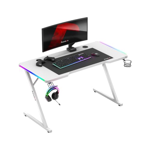 huzaro Hero 2.5 | RGB-Beleuchtung LED PC Tisch Gaming Schreibtisch Computertisch | Getränkehalter Kopfhörerhalter | USB-Ladeanschluss | Homeoffice Gamer | Carbon Tischplatte | 120x60cm | Weiß von huzaro