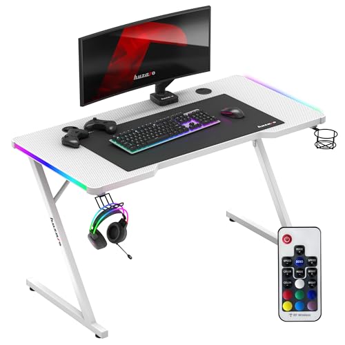 huzaro Hero 2.5 | RGB-Beleuchtung LED PC Tisch Gaming Schreibtisch Computertisch | Getränkehalter Kopfhörerhalter | USB-Ladeanschluss | Homeoffice Gamer | Carbon Tischplatte | 120x60cm | Weiß von huzaro