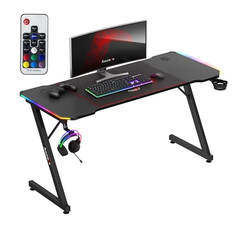 huzaro Hero 3.3 RGB | LED Gaming PC Tisch Schreibtisch | Inklusive Mauspad | Kopfhörerhaken Getränkehalter | Kabelorganisator | Carbon Tischplatte | Stabiler Computertisch | 140x60cm | Schwarz von huzaro