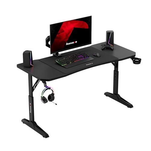 huzaro Hero 3.6 Gaming Tisch, höhenverstellbar, LED PC Schreibtisch 140×60 cm mit Carbon Oberfläche, XXL Mousepad, Kopfhörerhaken & Getränkehalter, Gamer Tisch, Schwarz von huzaro