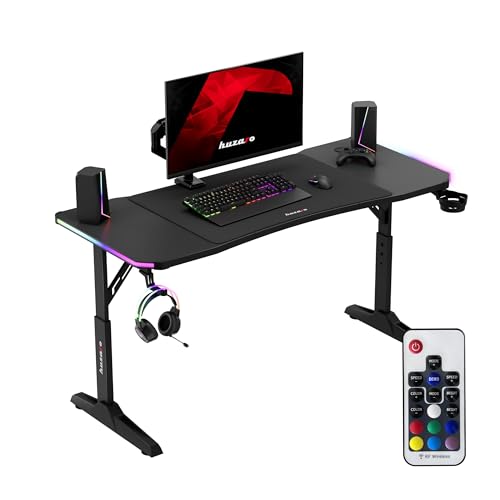huzaro Hero 3.6 RGB Gaming Tisch, höhenverstellbar, LED PC Schreibtisch 140×60 cm mit Carbon Oberfläche, XXL Mousepad, Kopfhörerhaken & Getränkehalter, Gamer Tisch, Schwarz von huzaro