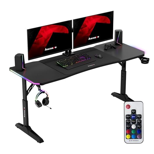 huzaro Hero 4.6 RGB Gaming Tisch höhenverstellbar, Schreibtisch 160x60 cm mit Carbon Oberfläche, Kabelmanagement, Getränkehalter & Kopfhörerhalter, PC Tisch Büro Home Office, Schwarz von huzaro
