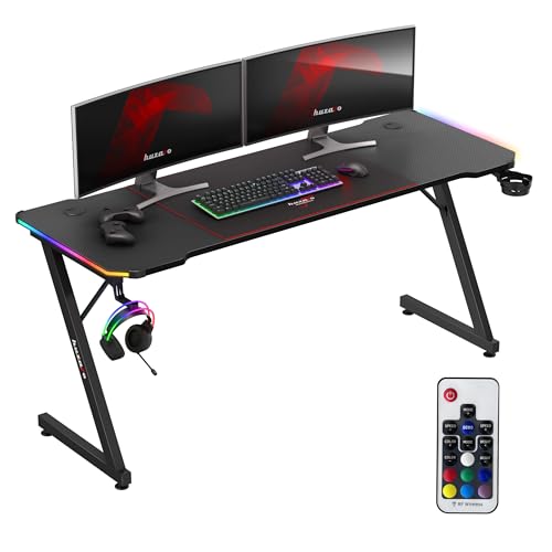 huzaro Hero 4.8 RGB | LED Gaming PC Tisch XXL Schreibtisch | Inklusive Mauspad | Kopfhörerhaken Getränkehalter | Kabelorganisator | Carbon Tischplatte | Stabiler Computertisch | 160x60cm | Schwarz von huzaro