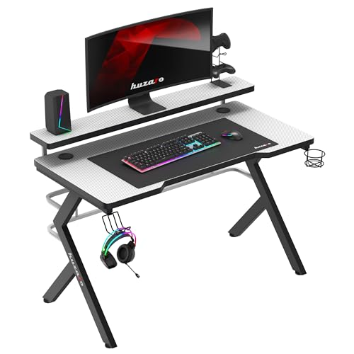 huzaro Hero 5.0 White | Gaming Tisch Schreibtisch Computertisch Bürotisch | 120x60 cm | Monitorständer | Kopfhörerhaken Getränkehalter | Zwei Kabeldurchführung | Carbon Tischplatte | Gamer | Weiß von huzaro