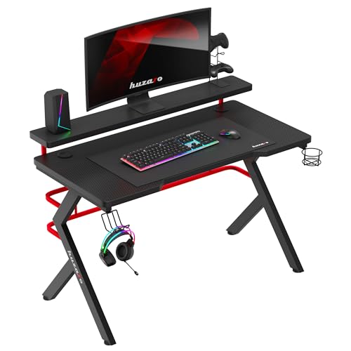 huzaro Hero 5.0 | Gaming Tisch Schreibtisch Computertisch Bürotisch | 120x60 cm | Monitorständer | Kopfhörerhaken Getränkehalter | Zwei Kabeldurchführung | Carbon Tischplatte | Gamer | Schwarz Rot von huzaro