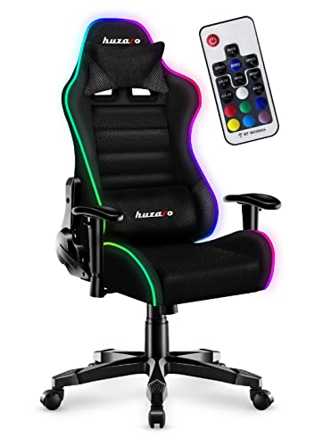 huzaro Ranger 6.0 RGB Mesh | LED Beleuchtung Gaming Stuhl Schreibtischstuhl für Kinder Gamer Sessel Stoff | bis 130 kg belastbar | Höhenverstellbar Kopfstütze Lendenstütze Ergonomischer | Schwarz von huzaro