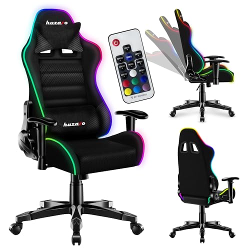huzaro Ranger 6.0 RGB Mesh | LED Beleuchtung Gaming Stuhl Schreibtischstuhl für Kinder Gamer Sessel Stoff | bis 130 kg belastbar | Höhenverstellbar Kopfstütze Lendenstütze Ergonomischer | Schwarz von huzaro