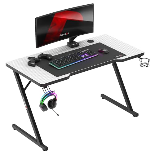 huzaro Hero 2.5 | Gaming Tisch PC Schreibtisch Computertisch Ergonomischer Bürotisch | Getränkehalter und Kopfhörerhalter | Homeoffice Arbeitszimmer Gamer | Carbon Tischplatte | 120 x 60 | Weiß von huzaro