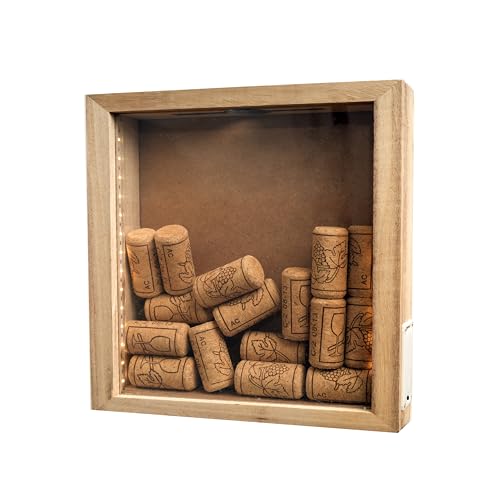 hvfun Rustikale Schattierbox aus Naturholz mit Lichtern, LED-beleuchtete Vitrine für Weinkorken und Tickets, Bierdeckel, 25,4 x 25,4 cm von hvfun