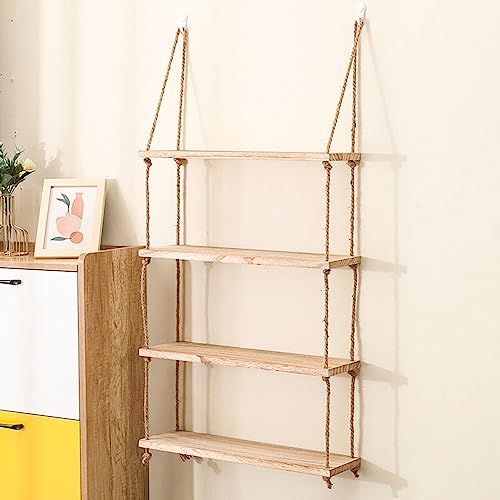 Schwebende Regale Wand Swing Storage Regal Für Wand Hängende Regale Aus Holz Mit Gewebtem Seil Hängendes Pflanzenregal Rack Display Boho Rustikale Wandregale Raumdekoration ( Color : Warm 4 layers , S von hxoity