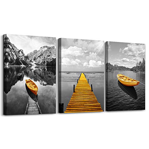 hyidecorart Bilder Landschaft Natur, Wandbild Grau Gelb Nordischer Boot, Modern Berge und See Panorama Kunstdruck Deko für Wohnzimmer Schlafzimmer Küche Esszimmer und Badezimmer von hyidecorart