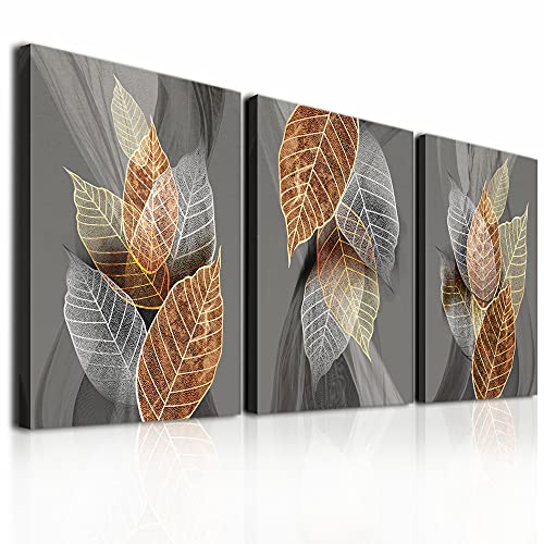 hyidecorart Bilder Blätter, Natur Golden Pflanzen Blatt Wandbild, Modern Leinwandbild für Wohnzimmer Schlafzimmer Küche Esszimmer und Büro（30CM*40CM*3Stück von hyidecorart