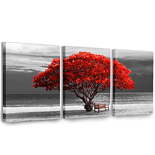 hyidecorart Bilder Baum Rote, Bäume Natur Leinwand Bilder, 3 Teilig Wandbilder Wohnzimmer, Modern Glücksbaum Kunstdruck Wanddeko für Schlafzimmer Küche Esszimmer und Büro（30CM*40CM von hyidecorart